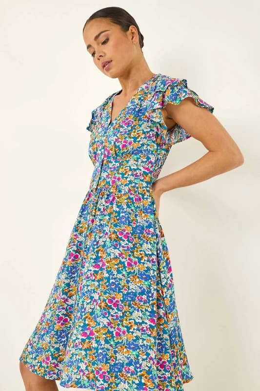 Roman Womens Petite Ditsy Floral Button Dress in Blue Size: 16 Blue Female 16