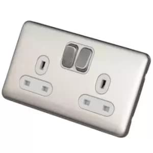 Schneider Electric Lisse Screwless Deco - Switched Double Power Socket, Double Pole, 13A, GGBL3020DWSS, Stainless Steel with White Insert