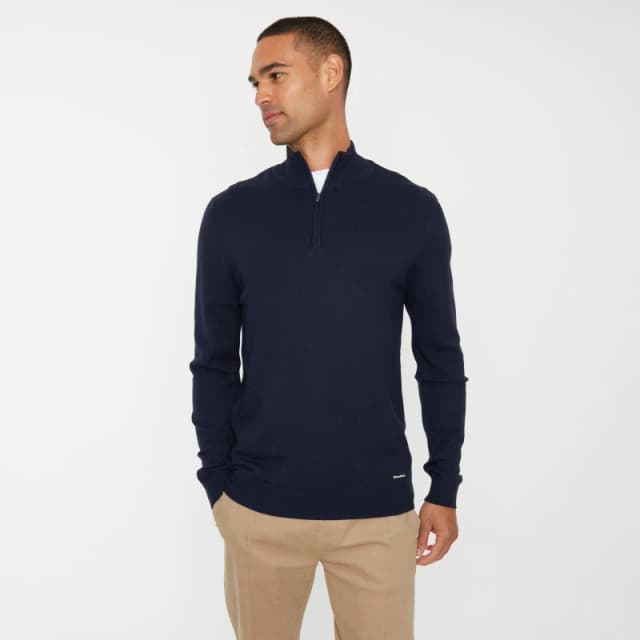 Threadbare 'Tucci' Funnel Neck Quarter Zip Knitted Jumper Navy