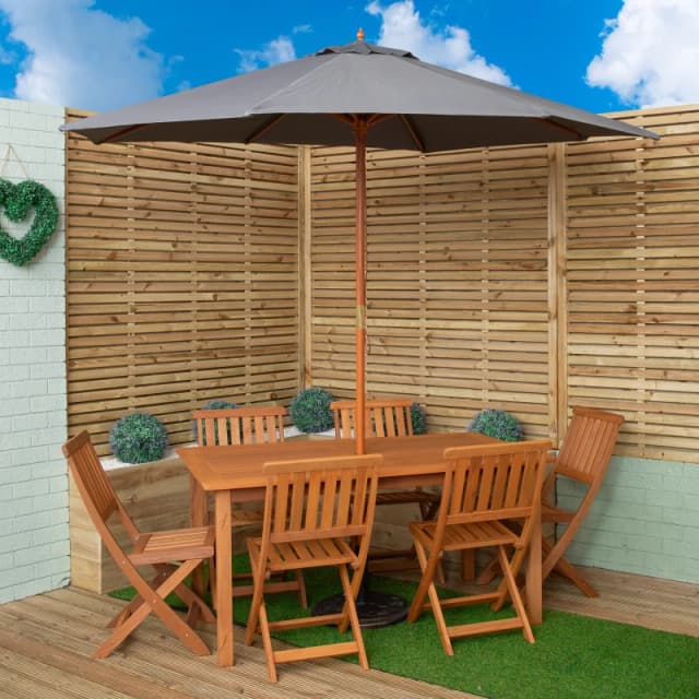 Outdoor 6 Person Rectangular Wooden Garden Patio Dining Table Chairs with Grey Parasol and Base Set