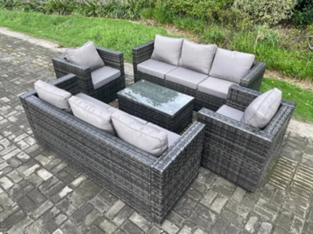 Fimous Wicker PE Rattan Sofa Set Outdoor Patio Garden Furniture with 2 Armchairs Oblong Coffee Table Dark Grey Mixed Dark Grey