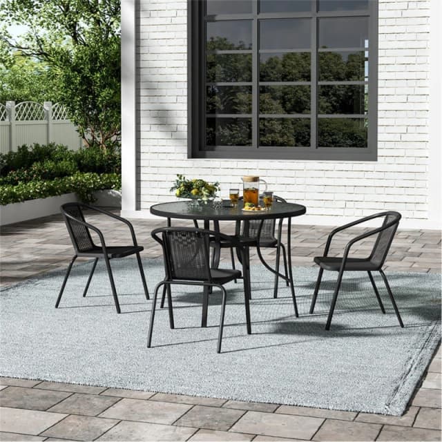 Breeins Tempered Glass Outdoor Table with 4 Rattan Chairs - Black L