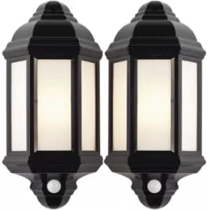2 PACK IP44 Outdoor Wall Light Black Frosted Lantern Traditional PIR Motion Lamp