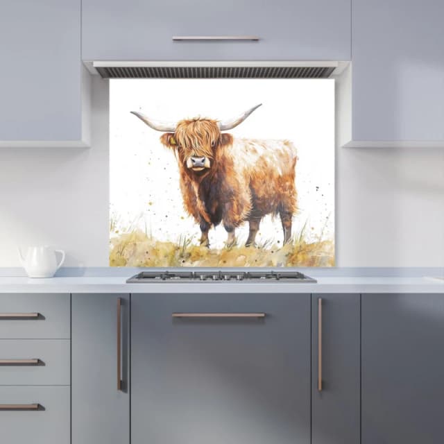 Warren Reed - Designer Watercolour Highland Cow Kitchen Splashback in Brown Size: 900mm x 750mm Brown Unisex 900mm x 750mm