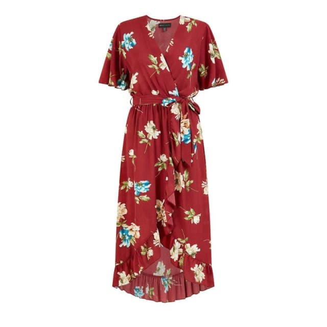 Mela London Mela London Red Floral Dip Hem Wrap Midi Dress Red 8