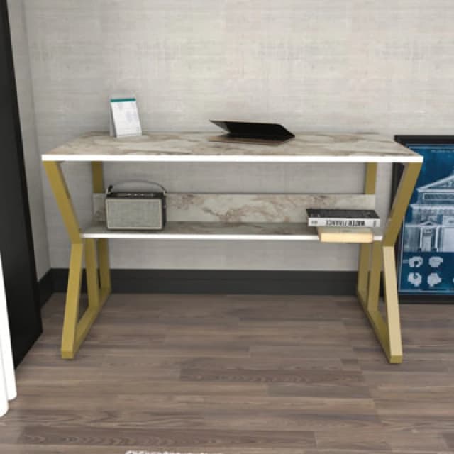 Decorotika Wake Study And Writing Desk White Marble Effect And Gold