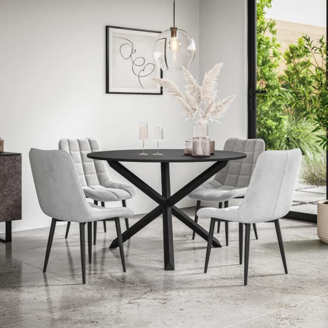 More4Homes Malvern Round Dining Table And Chairs - Black Table Top W Solid Black Oak Legs + Nova Velvet Dining Chair Set Of 4 (Grey)