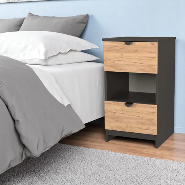 Welcome Furniture Ready Assembled Bora 2 Drawer Open Shelf Bedside Cabinet, Grey BOP601GCGB