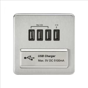 KnightsBridge 1G Screwless Brushed Chrome Quad USB 5V Charger Outlet - Black Insert