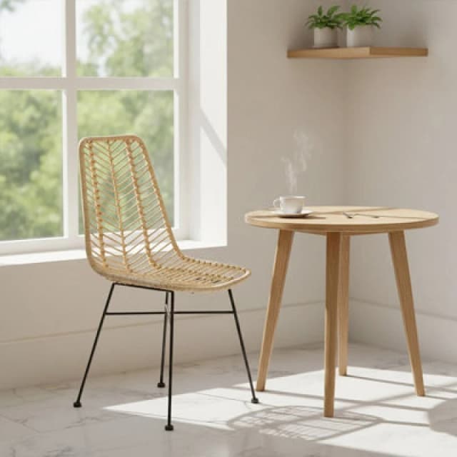 Orsina Sleek Brown Rattan Chair With Black Metal Legs, Rattan Dining Chair, Hand-Woven Rattan Lounge Chair