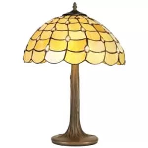 Luminosa Lighting - 2 Light Tree Like Table Lamp E27 With 40cm Tiffany Shade, Beige, Clear Crystal, Aged Antique Brass