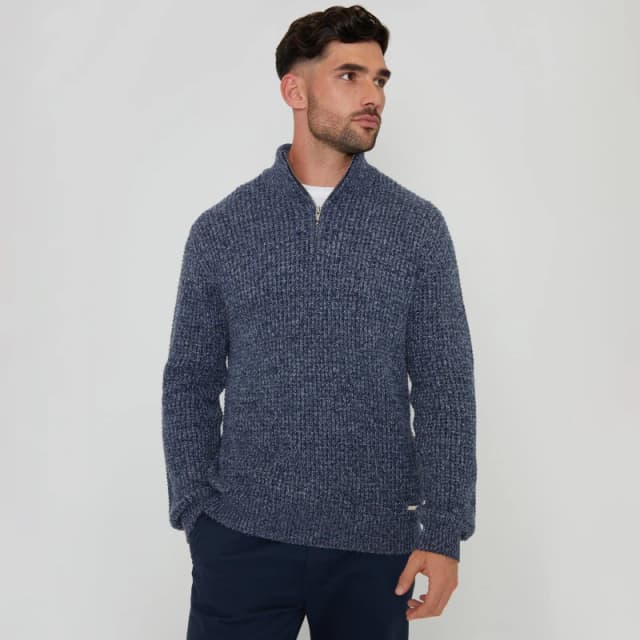 Threadbare 'Pinner' Waffle Knit Quarter Zip Jumper Blue