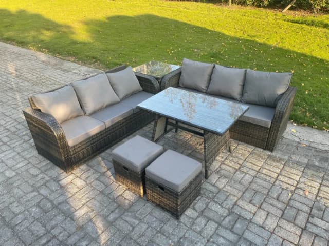 Fimous Garden Furniture Sofa Set Rectangular Dining Table 2 Small Footstool Side Table Indoor Outdoor 8 Seater Rattan Set Dark Grey