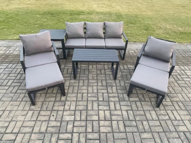 Fimous Aluminium 7 Pieces Garden Furniture Sofa Set with Cushions 7 Seater Outdoor Patio Set with 2 Armchair 2 Big Footstools Side Table Dark Grey Dar