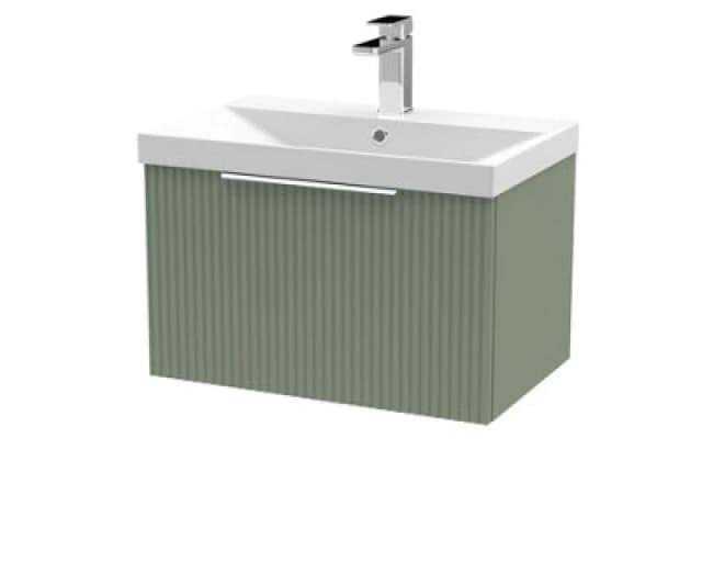 Hudson Reed Fluted Wall Hung 1-Drawer Vanity And Thin-Edge Basin, Contemporary Sink Vanity Unit, Satin Green