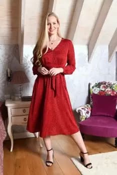 Red Satin Dash Print Midi Dress