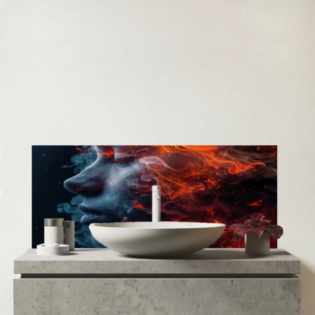 Warren Reed - Designer Fiery Mindscape: Portrait In Flames Glass Bathroom Splashback Multicolor Unisex