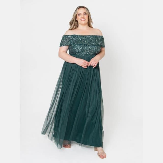 Maya Deluxe Maya Emerald Green Bridesmaid Bardot Embellished Maxi Dress Emerald female 6 (2XS)