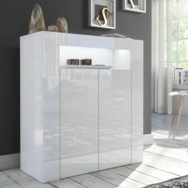 Furneo High Gloss & Matt White 2-Door Sideboard Cabinet Cupboard Unit Clifton 01 White LED Lights