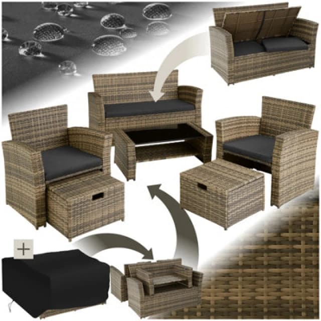 Tectake Garden Furniture Set Modena- Sofa With Storage, Armchairs, Stools, Coffee Table - Nature