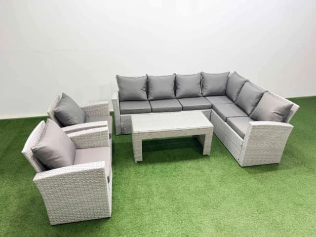Fimous Rattan Furniture Set 5 Pieces Outdoor Sofa Coffee Table with 2 Chairs in Light Grey Light Grey Unisex