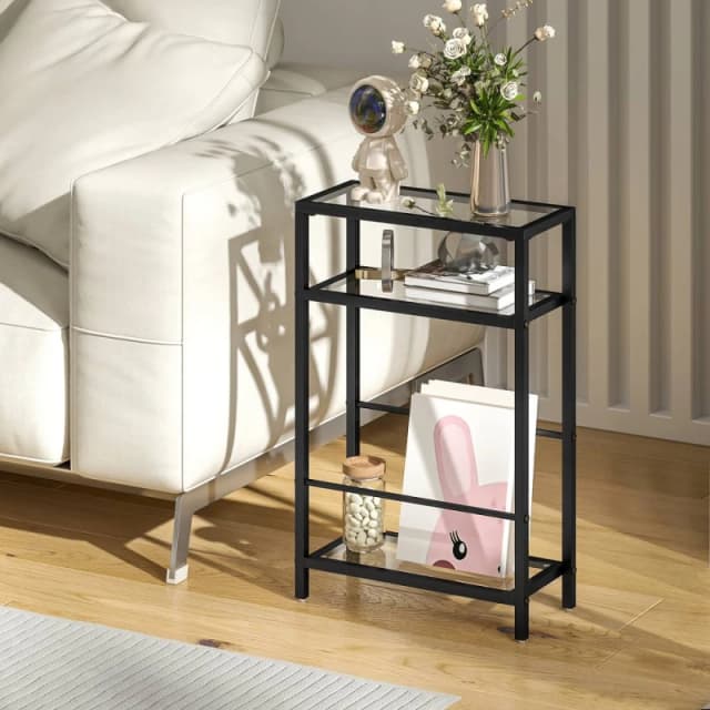 HOMCOM Slim Side Table, End Table with Tempered Glass Tabletop, Black Unisex