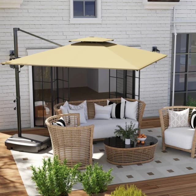 Outsunny Garden Cantilever Parasol w/ Weighted Base Tilt Crank Khaki