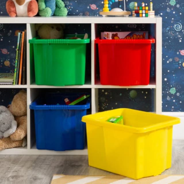 Wham Stack & Store 4X 24L Plastic Storage Boxes. Ideal For Toys, Classrooms & Playrooms. Integrated Handles. Mixed Colours