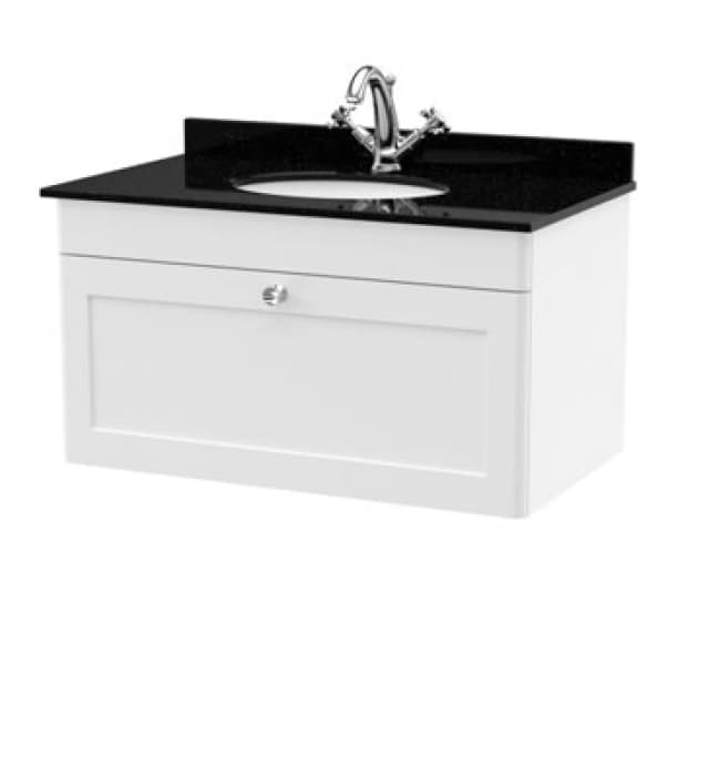 nuie 800mm Wall Hung 1 Drawer Vanity & Marble Top 1TH - Satin White CLC196BR1