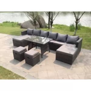 Fimous 5 Seater Outdoor Dark Grey Rattan Lounge Complete Sofa Set with Dining Table, 2 Stools and 2 Big Footstool