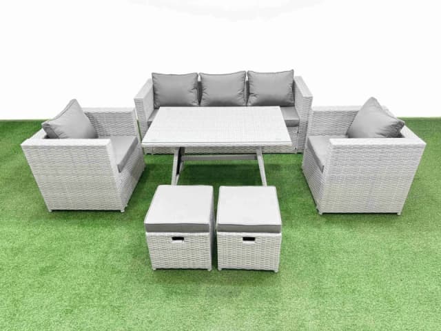 Fimous 7 Pieces Outdoor PE Rattan Sofa Armchair Set with 2 Small Stools in Light Grey Light Grey Unisex