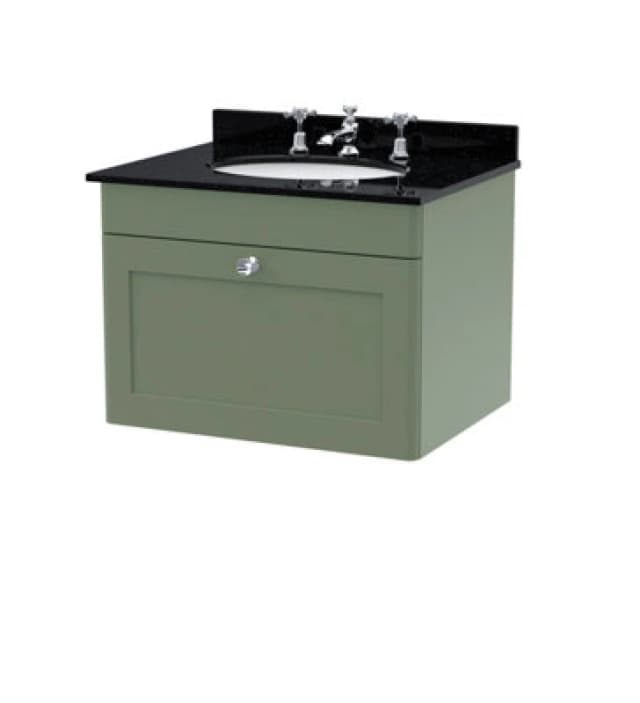 nuie 600mm Wall Hung 1 Drawer Vanity & Marble Top 3TH - Satin Green CLC894BR3