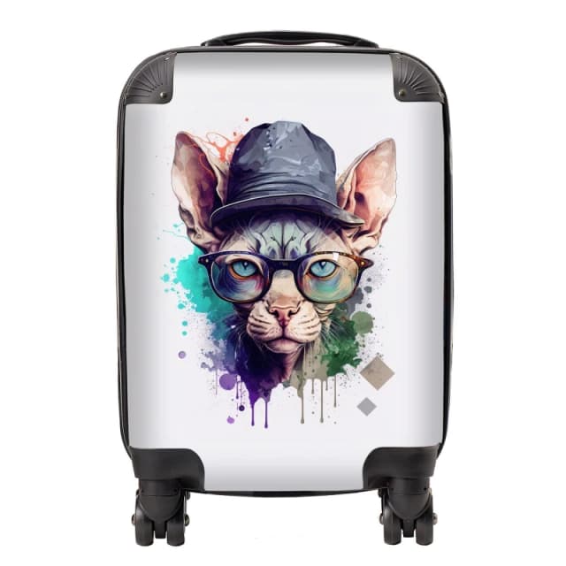 Warren Reed - Designer Sphynx Cat Face Glasses & Hat Splashart Suitcase Size: Large Multicolor Unisex Large