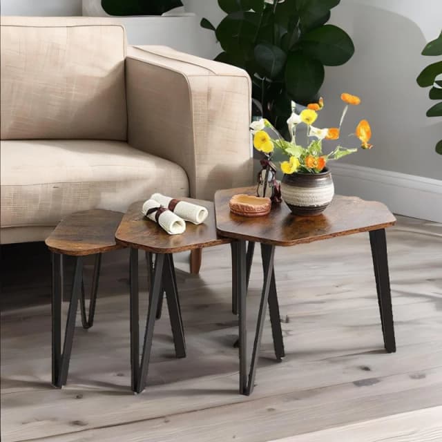 Rafaelo Mobilia Set Of 3 Industrial Nesting Tables Rustic Brown in Dark Brown Dark Brown Unisex