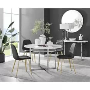 Furniturebox Adley White High Gloss 120cm Storage Dining Table & 4 Black Corona Faux Leather Dining Chairs with Gold Legs Diamond Stitch