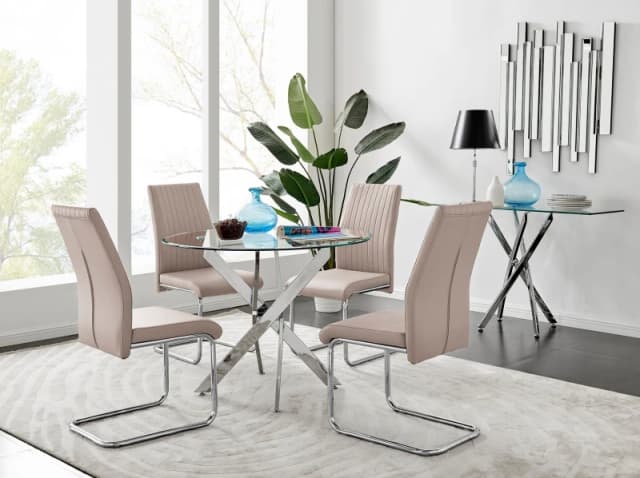 FurnitureboxUK FurnitureboxUK Novara Clear Tempered Glass 100cm Round Dining Table with Chrome Starburst Legs & 4 Lorenzo Faux Leather Chairs in Beige
