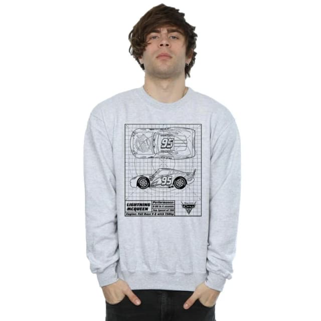 Disney Men Cars Lightning McQueen Blueprint Sweatshirt in Grey Size: Small Grey S Male 5057245930741