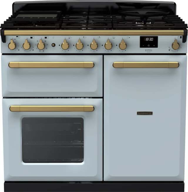 Rangemaster Estel Deluxe ESDL100DFPMSB/AB1 100cm wide Dual Fuel Range Cooker with Gas Hob - Misty Blue / Antique Brass - A/A Rated