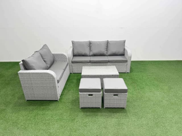 Fimous 7 Seater PE Rattan Wicker Garden Furniture Patio Conservatory Sofa Set with Rectangular Coffee Table 3 Seater Sofa Love Sofa 2 Stools Light Gre