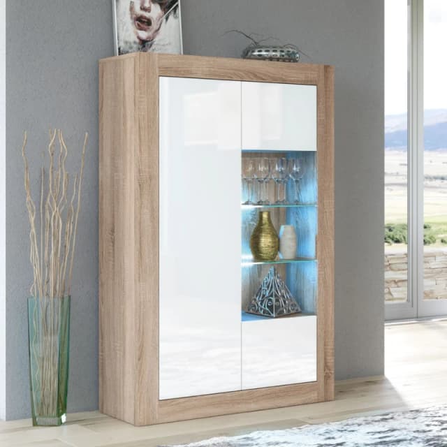 Creative Furniture Arcadia Display Cabinet 140cm - A Compact and Sleek Cabinet with Glass Shelves and LED Lights Light Oak