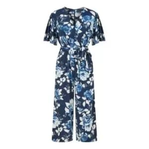 Mela London Navy Rose Jumpsuit With Angel Sleeves - Blue