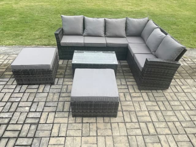 Fimous Wicker PE Outdoor Garden Furniture Set High Back Rattan Corner Sofa Set with Rectangular Coffee Table 2 Big Footstool in Dark Grey Dark Grey Un