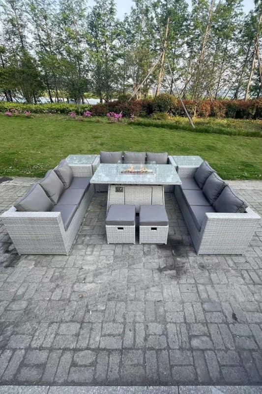 Fimous Light Grey U Shape Lounge Sofa Dining Set With Gas Fire Pit Heater Burner Side Tea Table Stools Light Grey