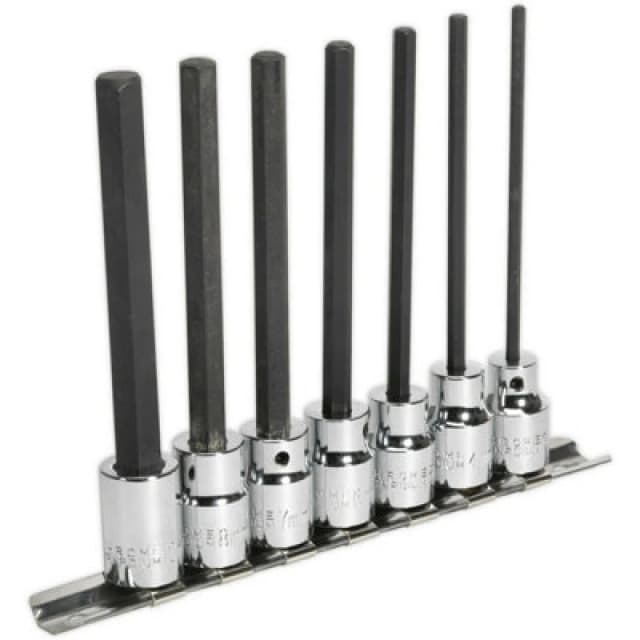 Loops 7pc Hex Socket Bit Set 3/8" Square Drive 3mm to 10mm - 110mm Long Shaft S2 Steel Metallics