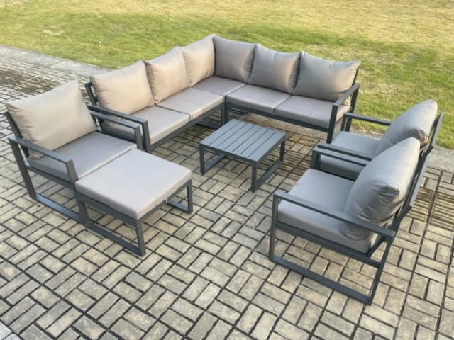 Fimous 9 Seater Outdoor Aluminium Garden Furniture Set Corner Lounge Sofa Set with Square Coffee Table Chair Big Footstool Dark Grey Dark Grey Unisex