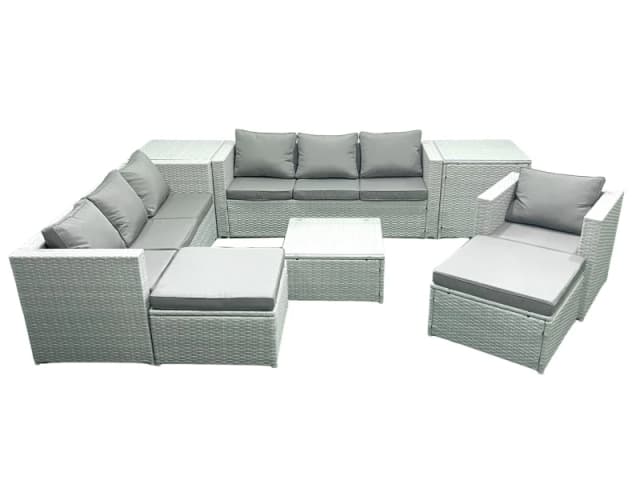 Fimous Wicker PE Rattan Sofa Garden Furniture Set with Armchair Square Coffee Table 2 Big Footstools 2 Side Tables Light Grey Mixed Light Grey