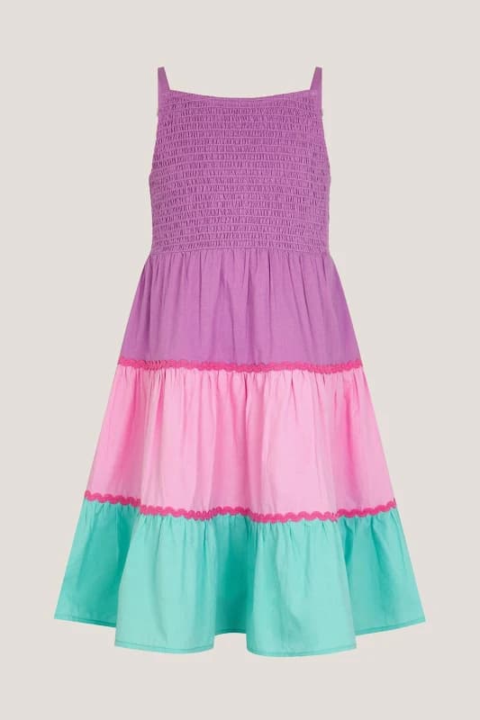 Monsoon Girl's Sleeveless Smocked Colourblock Dress in Pink Size: 12-13 Years Pink Female 12-13 Years