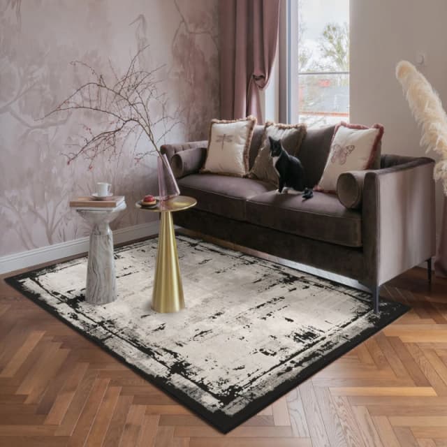 Mayfair Living Room Area Rug Metallic Sheen Contemporary Modern Frame Design - Black 120Cm X 170Cm