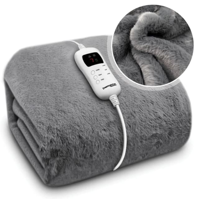 Dreamcatcher Electric Heated Blanket Throw Soft Fleece Faux Fur Polyester Washable Overblanket 9 Timer & Heat Settings 160 x 130cm Dark Grey
