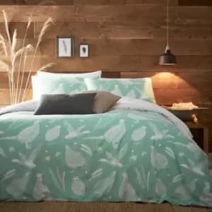 Creative Cloth Moorland Birds Print Reversible Duvet Cover Set, Mint Green, Double